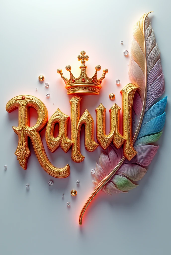 A mesmerizing 3D digital art masterpiece that captivates the viewer with its intricate design. The name ,, RAHUL,,is prominently displayed in a striking font, adorned with a luxurious golden crown. A flowing feather gracefully follows behind, adding to the design's visual appeal. The name glows in vibrant colors such as gold, red, deep blue, pink, green, and purple, enhancing its breathtaking beauty. Warm silver lighting illuminates the design, creating depth and dimension, and delicate diamonds are strategically placed for added glamour. The pristine white background highlights the name, transforming the design into a truly fascinating piece. With its cinematic poster-like quality, this extraordinary work of art masterfully blends elements of dark fantasy, and 3D rendering, typography, and 3D rendering., architecture, typography