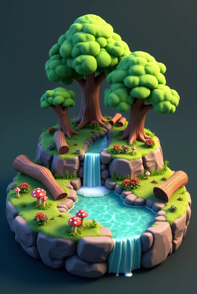 3d model game, clash of clan style, model of circular land scene with small rock flowing into small waterfall in old forest with rocks and trees and rotten wood with moss, mushrooms, flowers and grass growing. Game ready.