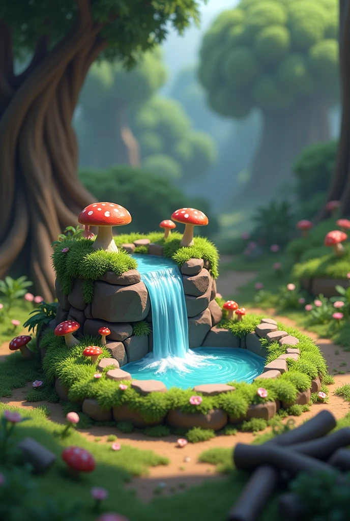 3d model game, clash of clan style, model of circular land scene with small rock flowing into small waterfall in old forest with rocks and trees and rotten wood with moss, mushrooms, flowers and grass growing.  Game ready.
