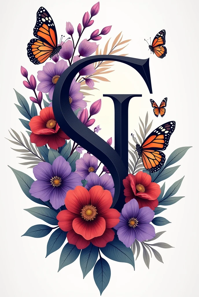 I want you to make a tattoo design with 3 letters S that are two S's and an I that is surrounded by purple and red flowers and another of butterflies of the same color.