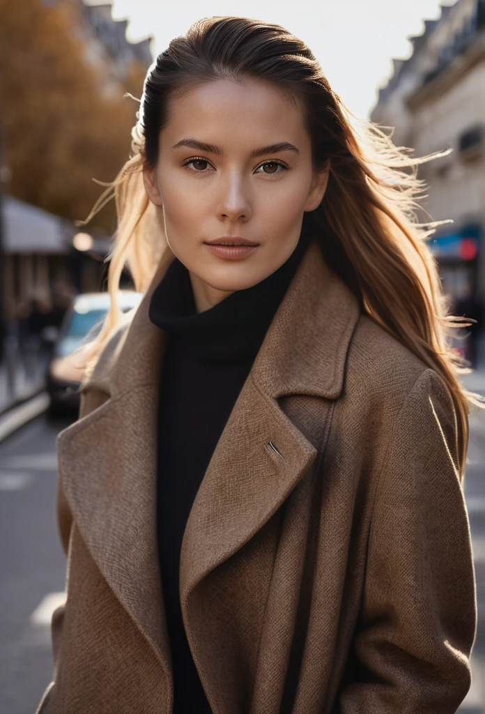 A photo of an aesthetic woman in the streets of paris, she is wearing brown wool coat and a black simple cotton tote bag and turtleneck sweater, she has long hair pulled back into ponytail, she looks straight ahead with her head slightly tilted to left side, soft natural lighting, sunny day, natural colors, backlit,