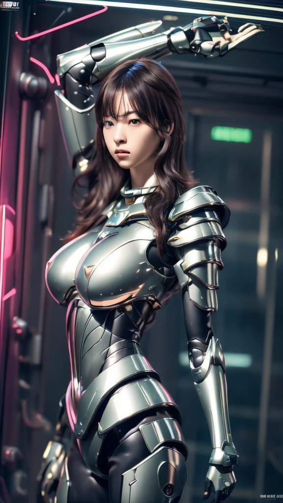Highest quality, masterpiece, figure, (Realistic, photo-Realistic:1.37), wonderful, In detail, Incredibly absurd, Large file size, Very detailed, High resolution, Very detailed CG Unity 8k wallpaper, Very detailed目と顔, Ray Tracing, Browsing Caution, NUDE, One girl, Korean cyborg girl is innocent and young々Has a sly expression. She poses boldly with her arms raised above her head, Revealing her voluptuous figure. She is wearing a small black mecha armor top that barely covers her breasts., Exposing most of her flawless skin. Her shoulders and head have more armor detailing.、There are shining highlights, Tech Panels and Mechanisms. She is standing against a futuristic cityscape lit up with vibrant neon lights.、Standing full of energy。.