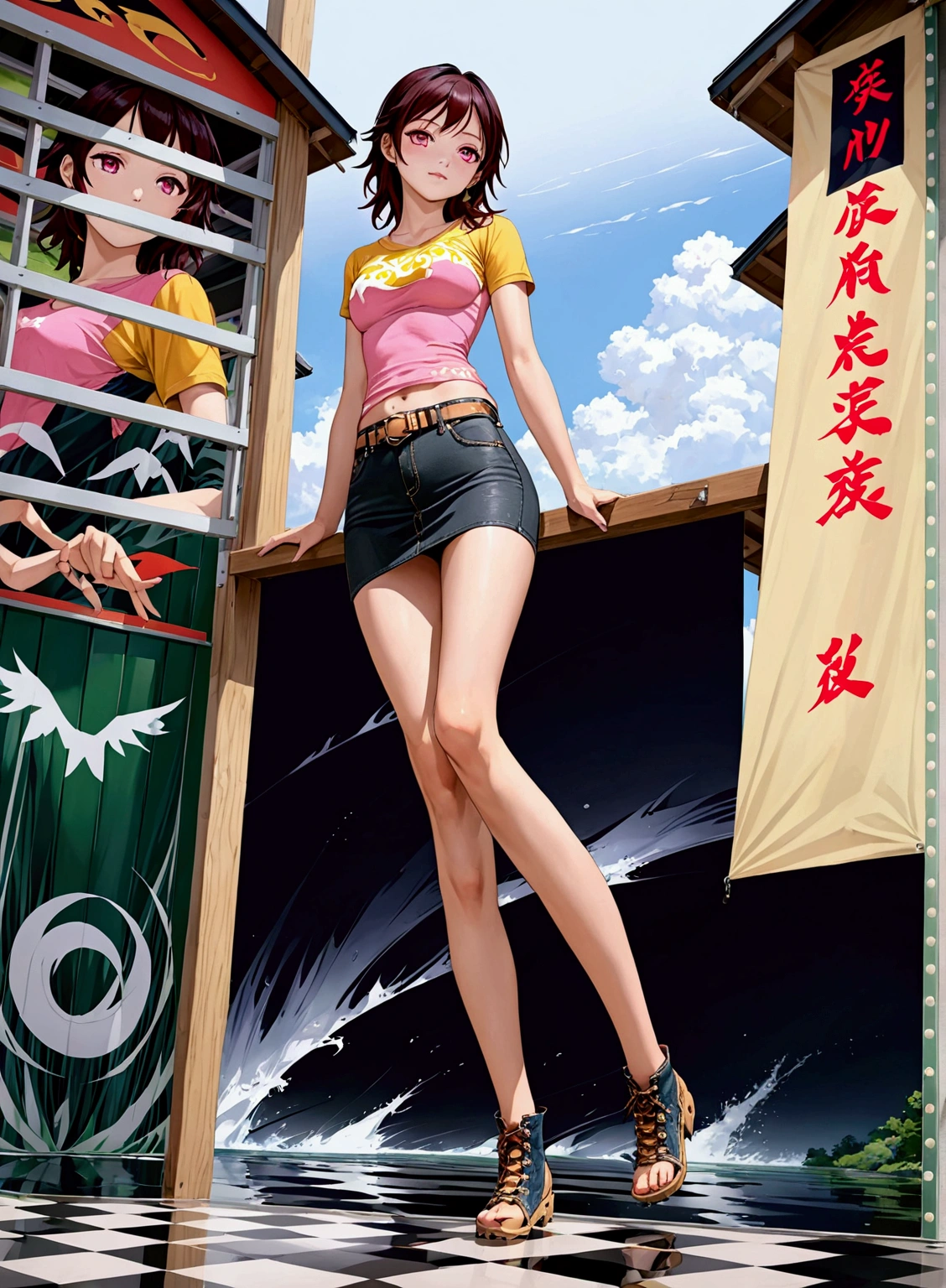 realistic anime illustration of adorable teenage girl at floating raft house on river, she has a long hair and forehead, she wearing pastel blue long sleeve t-shirt, black denim pencil skirt, (1girl, solo, full body), (masterpiece, best quality, japanese anime style), (expressive eyes, perfect face)