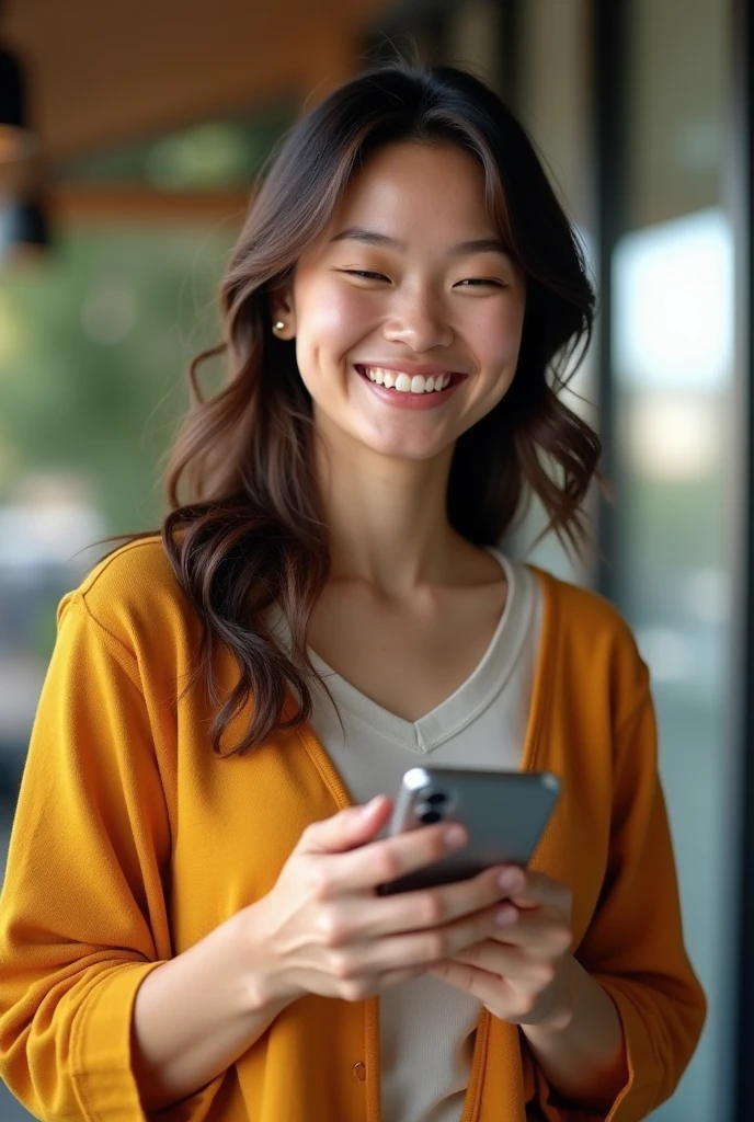 the same woman but clothed, she is smiling with a phone in her hands