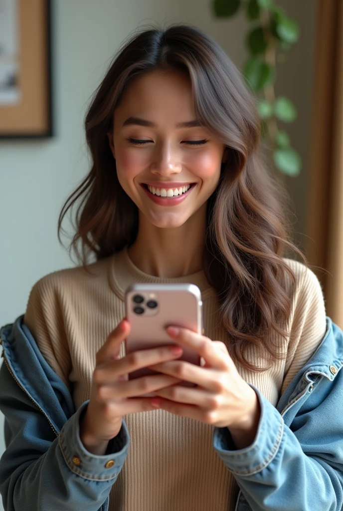 the same woman but clothed, she is smiling with a phone in her hands