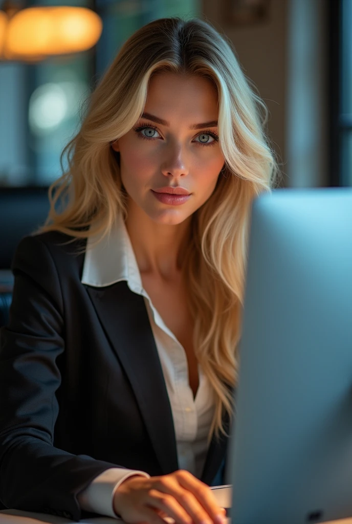 a beautiful 23 years old girl with simmetrical attractive face, long blonde hair, detailed blue eyes, nose, and lips, wearing professional outfit, big tits, siting in her office, using her computer, hp comuter (best quality,4k,8k,highres,masterpiece:1.2),ultra-detailed,(realistic,photorealistic,photo-realistic:1.37),HDR,studio lighting,extremely detailed face and body, portrait,cinematic lighting,dramatic lighting,warm color tones,dramatic colors