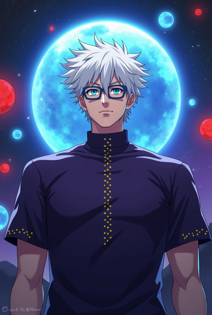 Make Satoru Gojo!
he has white hair, has a dark purple shirt, has blue glasses and has bright blue eyes, and he has skin color and he is male! And he also has a glowing blue and glowing red ball behind him! And he has little yellow dots in the middle of his shirt! And he&#39;s in space!