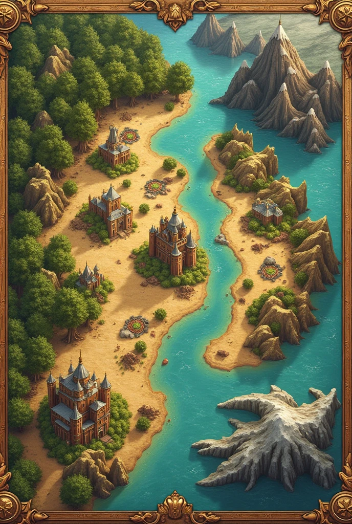 Medieval map for board game containing 4 kingdoms: Nemoria the forest kingdom, Austeria the desert kingdom, Lutumora the kingdom of the swamp and Altivallis the kingdom of the mountains.