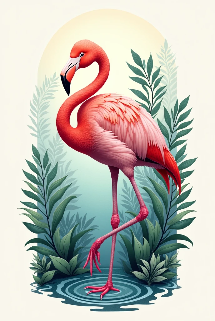 Flamingo standing looking sideways with paw raised, with greater emphasis on the composition of water and aquatic leaves , for tattoo