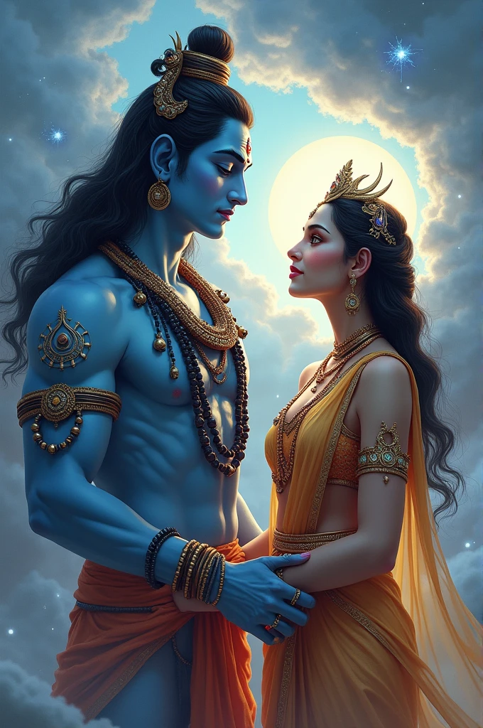 This image shows the Hindu deities Shiva and Parvati. Shiva is a blue-skinned god who is often depicted with a third eye and a serpent around his neck
