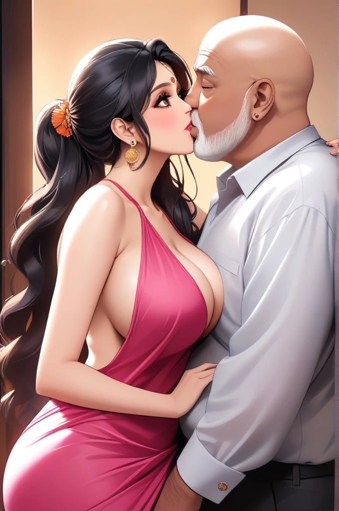 Renowned Indian actress sridevi kapoor at the age of 28 wearing a provocative pink saree deep french kissing with a ugly bald old man embracing each other in couple pose,big round ass,braless,backless, tassel earrings, long hair ponytail , saggy breasts ,