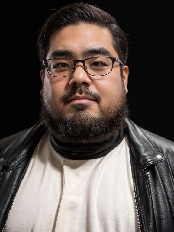 (Yossan), beard, Glasses, obesity, Black Leather Jacket, simple, Minimal, The texture of the jacket, Black background, focus