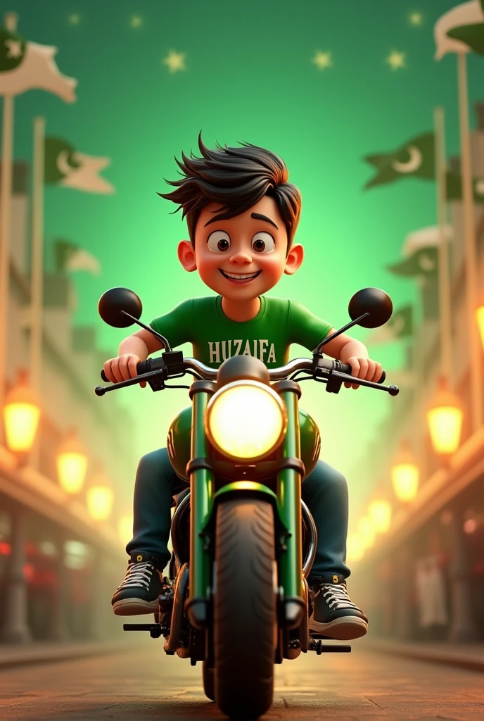 35mm film photography, Create a 3D illustration of an animated boy character sitting on a motorcycle  matching the color and design of Pakistan Independence Day and wearing a green shirt with name HUZAIFA The character must wear casual modern clothing such as jeans and sneakers shoes. The background of the image is a independence day of Pakistan, high detail, Pakistan flags in background, gold glow bright green color palette, light green hour glow