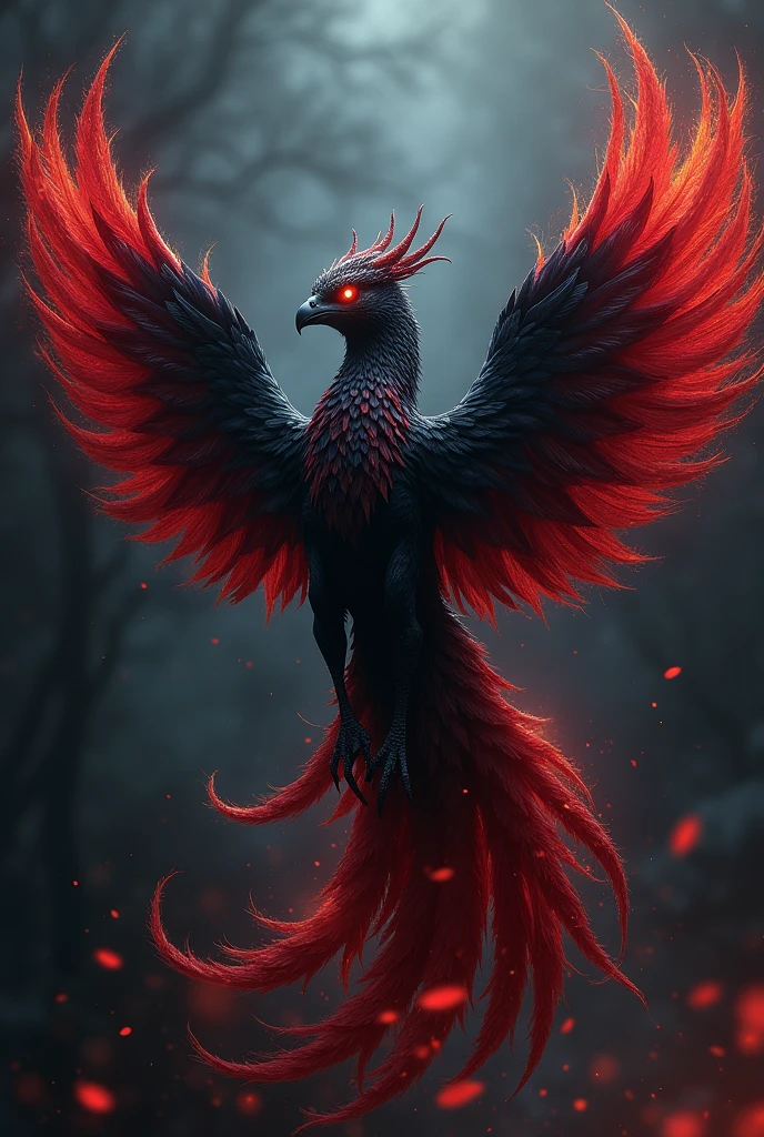 a black and red shadow phoenix, dark fantasy phoenix, intricate detailed phoenix, dramatic lighting, cinematic atmosphere, ethereal, mystical, otherworldly, fantasy art, concept art, digital painting, photorealistic, 8k, hyper detailed, dramatic shadows, moody colors, dramatic contrast, glowing eyes, powerful wings, elegant pose, cinematic composition, masterpiece