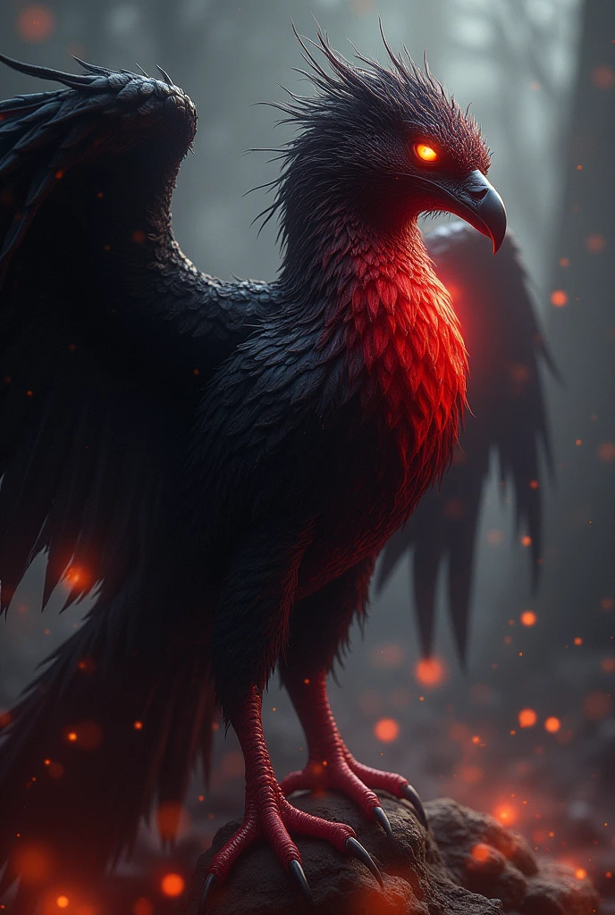 a black and red shadow phoenix, dark fantasy phoenix, intricate detailed phoenix, dramatic lighting, cinematic atmosphere, ethereal, mystical, otherworldly, fantasy art, concept art, digital painting, photorealistic, 8k, hyper detailed, dramatic shadows, moody colors, dramatic contrast, glowing eyes, powerful wings, elegant pose, cinematic composition, masterpiece