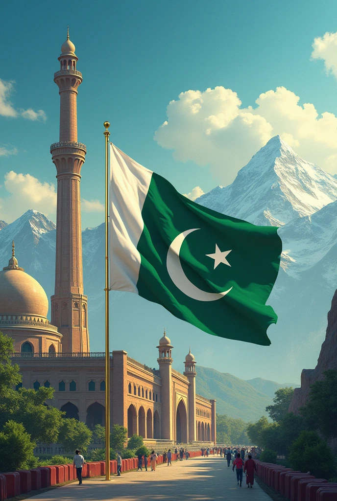 Pakistan flag with different pakistani landmarks