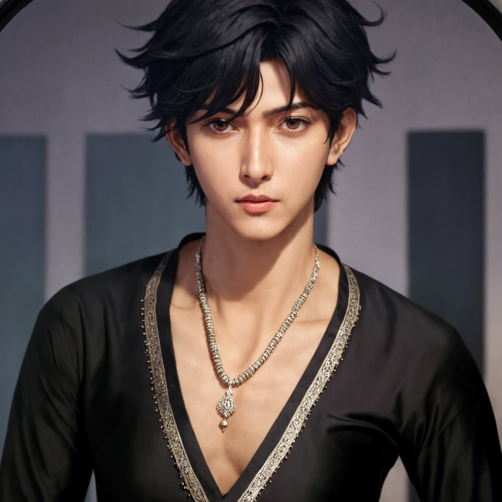Shiny Black kurta, bare chest