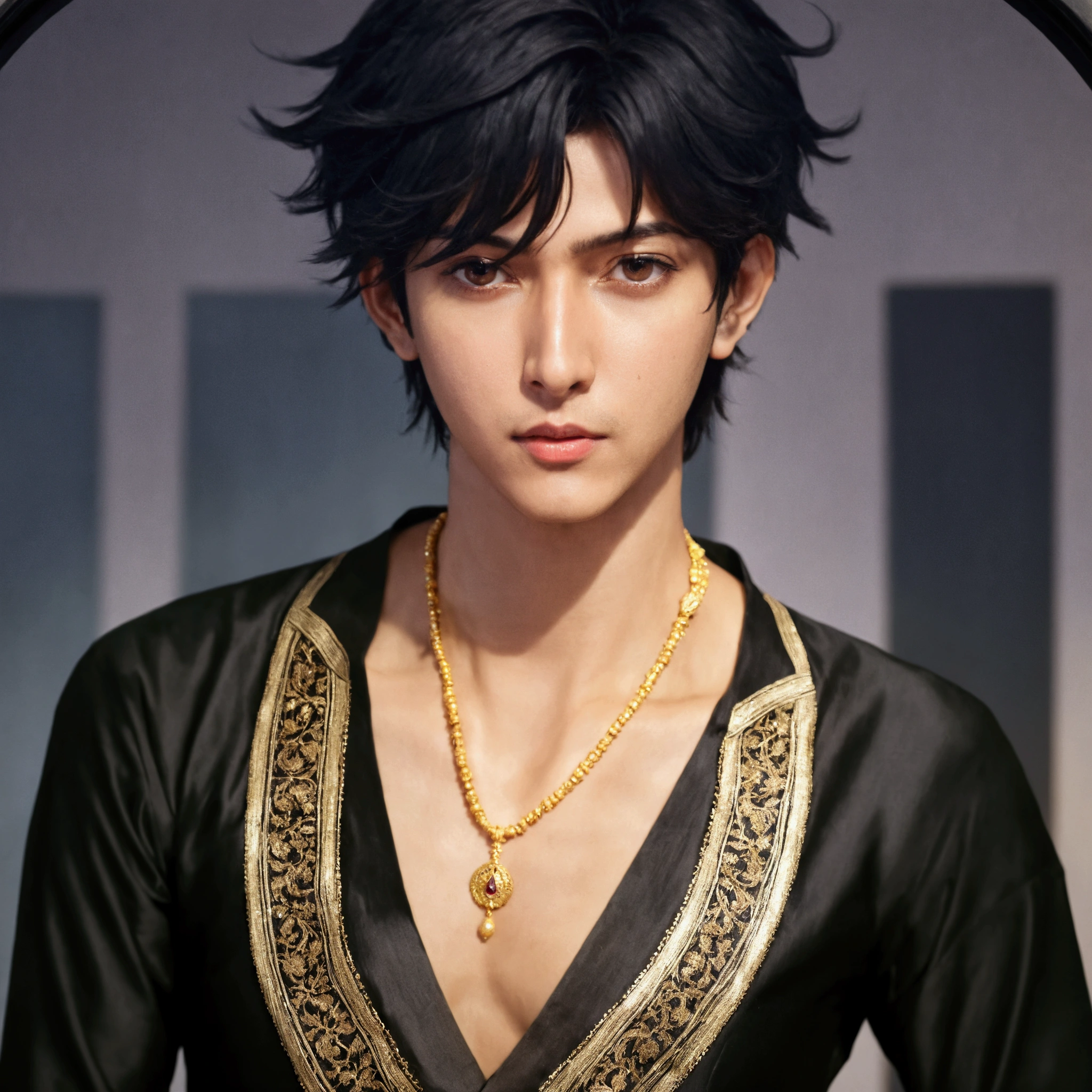Shiny Black kurta, bare chest