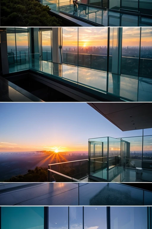 A giant glass structure on top of a mountain,Glass-floored observation deck,sunrise,Vast views