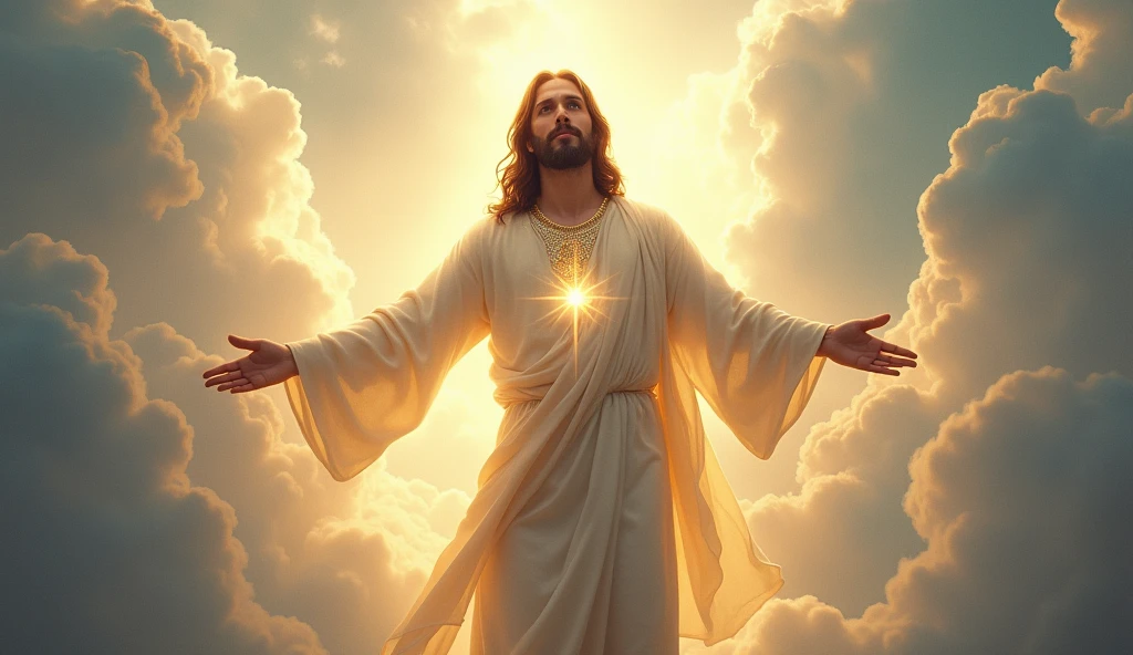 Jesus in celestial robes, radiating divine light in Heaven