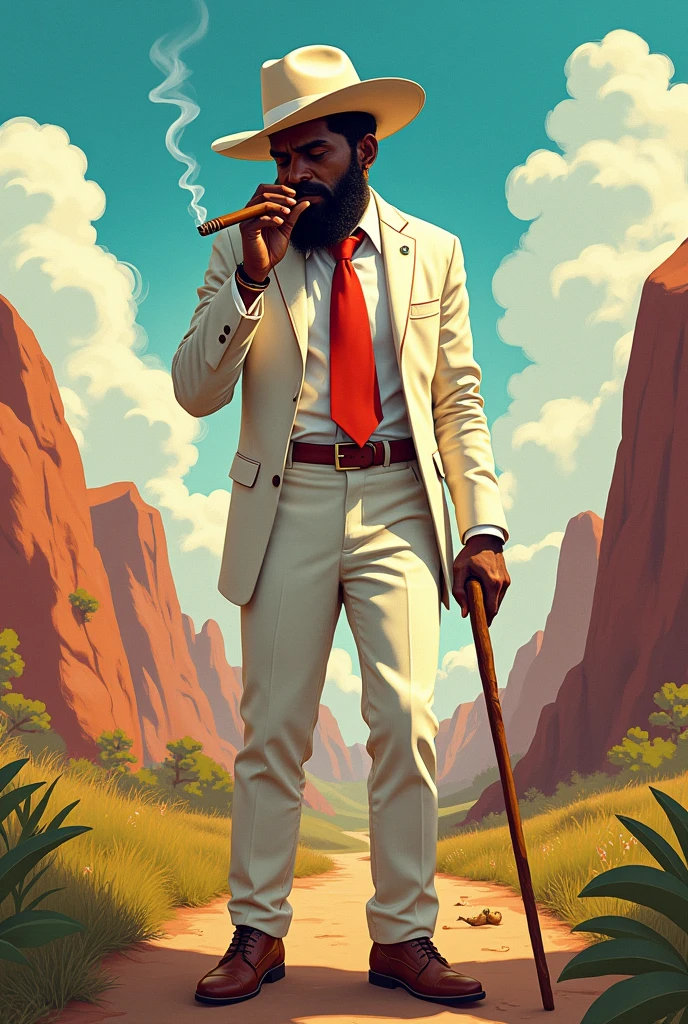  northeast backlands brazil brazil Zé Pilintra an ancestor, represented as a Brazilian man, happy, what a samba, trickster. Dressed in a white hat, smoking cigar with head down, white suit, white shirt and red tie and holding a cane umbanda candomblé 