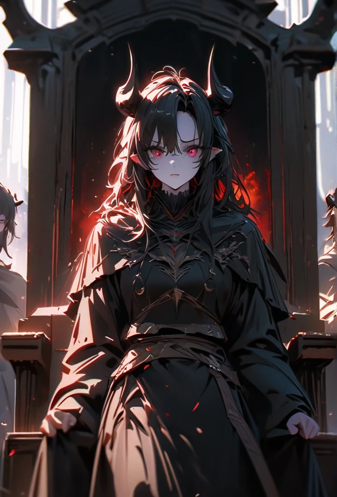 (standing alone), Demon Lord, masculine, Bblack hair, Messy hair, naughty mane hair, medium hair, A naughty man bun with long hair, Dense hair, wild hair, expressive hair, mellow,(age 25), pale skin, Eyes red, ((naughty man)), wearing a black robe, black armour, black demon horns,, Seriously, bonitas, appealing, eye reflection, Depth of field, Thunder Aura,cinematic lighting, ray tracing, Depth of field, cinematic lighting, ray tracing, ultra HD, High details, best qualityer, high resolution, high qualiy, awardwinning, super detaill, work of art, 8k, ultra HD, High details, best qualityer, high resolution, high qualiy, awardwinning, super detaill, work of art, 8k, digitl art, anime coloring, whole body, shot on the body, good face, face perfect, face detailed, good eyes, sitting in a throne