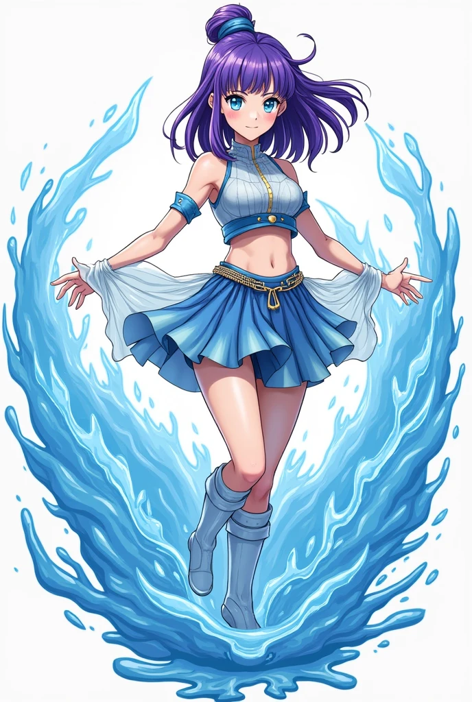A heroine from My Hero Academia, she has water powers, purple hair in a half-down hairstyle with a bun on top, blue eyes and clothes add a semi skirt in a transparent fabric with blue shorts underneath more clothes