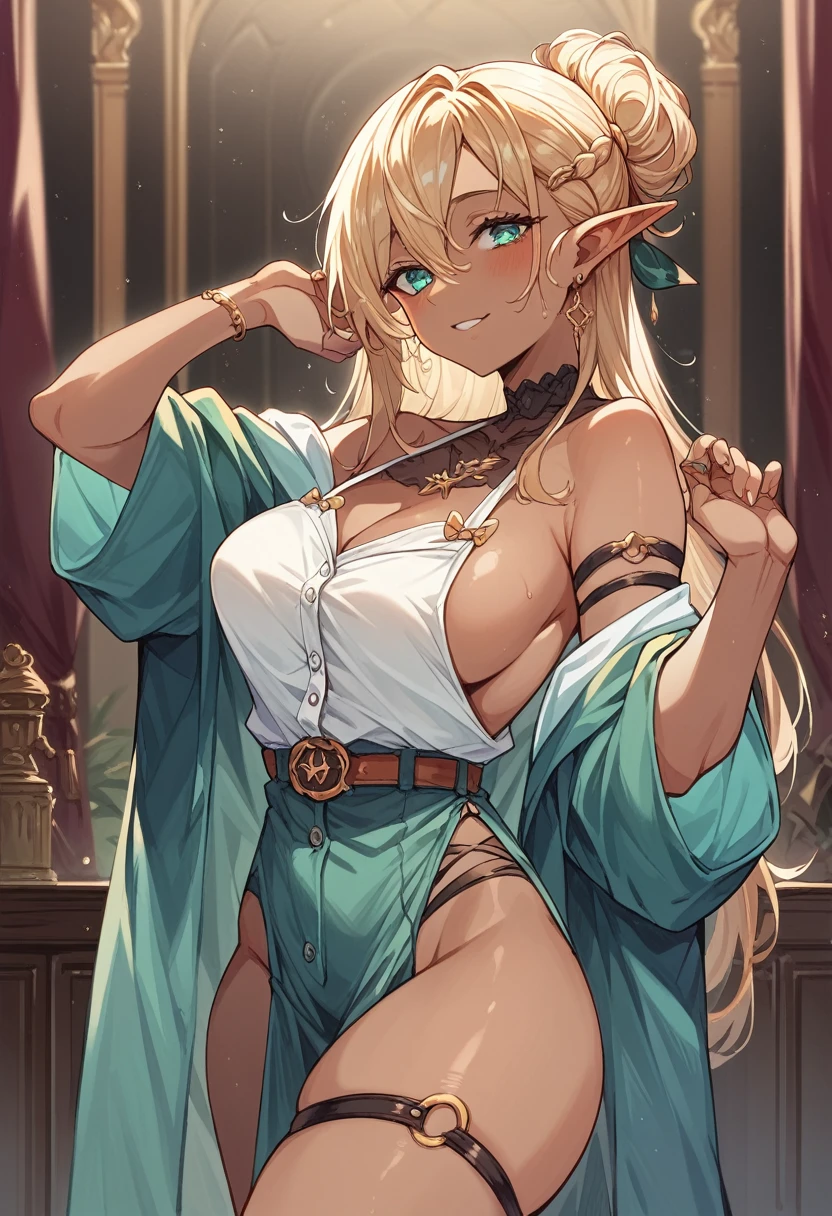 The most beautiful young blond dark elf wears a luxurious white halter nightie showing her round sideboob. nsfw