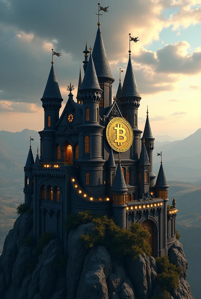 A black and gold castle design with a Bitcoin coin with Jokers drawn in the center of it logo 