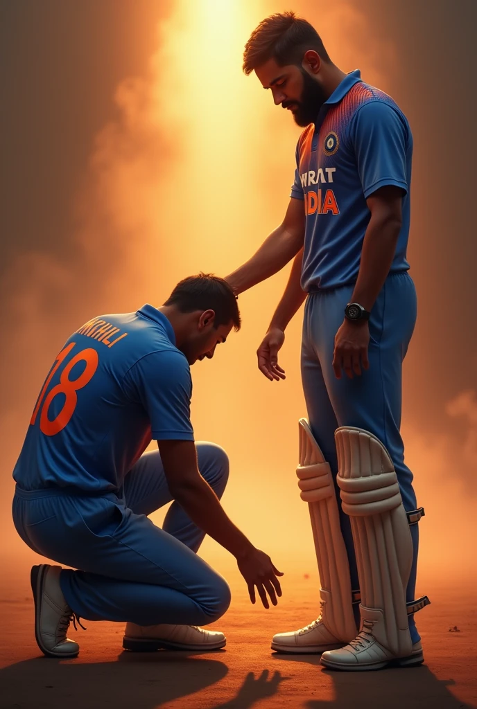 I want to create wallpaper like that I am wearing a Indian cricket team jersey and i touch the feet of Virat Kohli and my jersey no is 18 and my jersey name is som and kholi also shown my jersey name