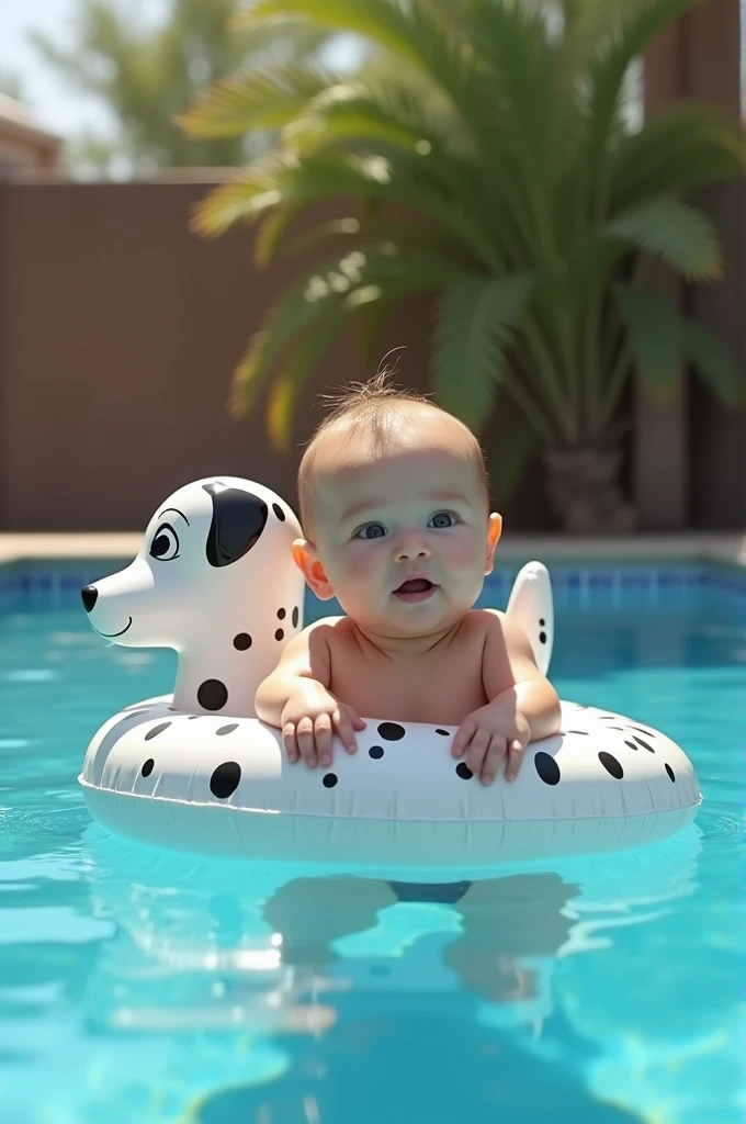 Pixar style image, An eight-month-old baby was found in a pool inside an inflatable Dalmatian puppy