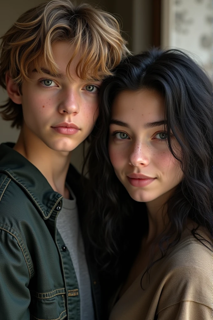 Generates the image of a 15-year-old ager with dark blond hair a little long, a little similar to Heath Ledger and another 13-year-old with long black hair down to the neck with curls and a slightly pointed nose.