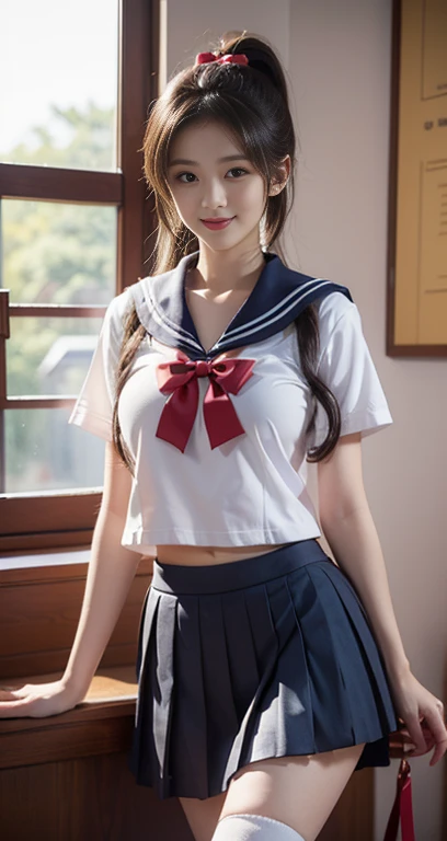 (A youthful gorgeous Japanese idol, wearing Serafuku, Seifuku, school uniform, sailor moon, jk uniform, high-school uniform, pleated mini-skirt, red ribbon, red bowtie, sailor hat, knee-high socks, sneakers, natural poses, minimalist room,

Easygoing expressions, kind smile, dimpled chins, cute snaggle-tooth, short bob hair ponytail, symmetrical face, realistic detailed face, beautiful detailed eyes, perfect body proportions, hourglass figure, ample round bosoms, medium breasts,

Raw photo, photorealistic, realistic portrait, hyper-realism, high contrast, ultra HD, realistic skin textures, top image quality, top-quality, super high resolution, fine details, very meticulously, masterpiece, medium shot, close-up shot, cowboy shot, High Angle Shot, bokeh background, SFW, Safe For Work)