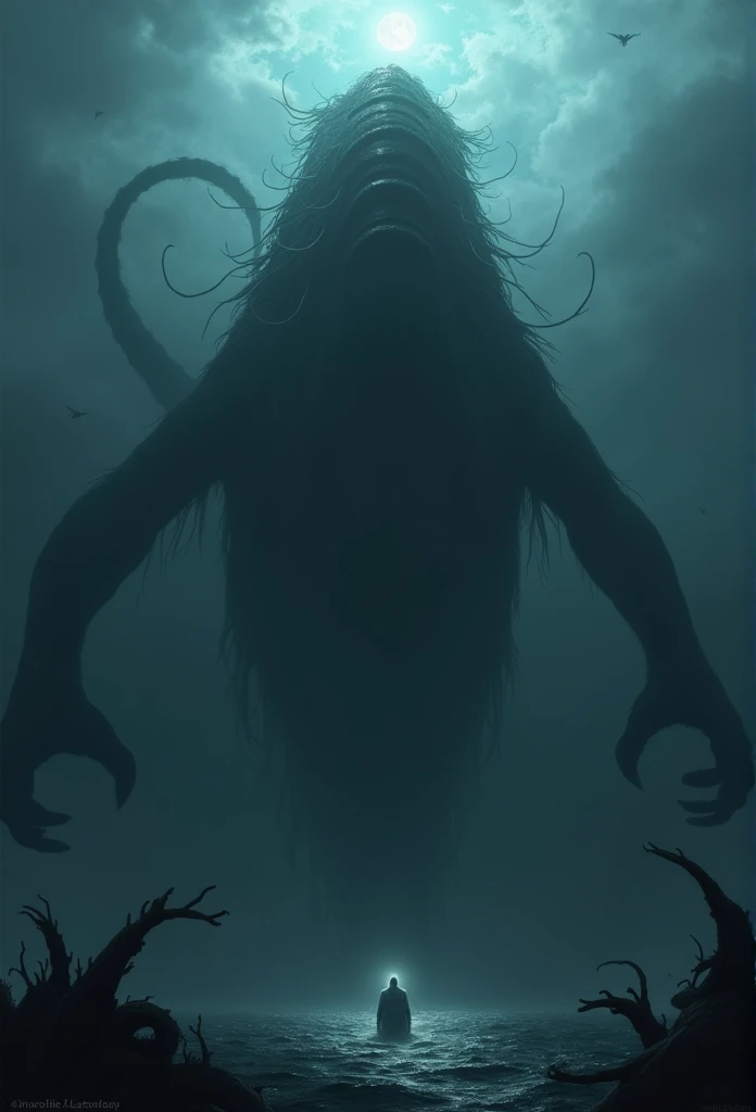 Depict a massive, mysterious sea creature known as the 'Eclipse Leviathan.' The creature is over 100 meters long, and its body is composed of a dark, shadowy substance that seems to absorb light, making it nearly invisible in direct sunlight. Show the Leviathan emerging from the deep ocean, surrounded by darkness even during the day, with only faint glimmers of light reflecting off its nearly invisible form. The creature should have an eerie, undefined shape, resembling a mix between a giant serpent and a whale, with tendrils of shadow trailing from its body. The ocean around it should appear ominous and foreboding, with hints of lost ships and deep-sea creatures visible in the background, adding to the sense of dread,