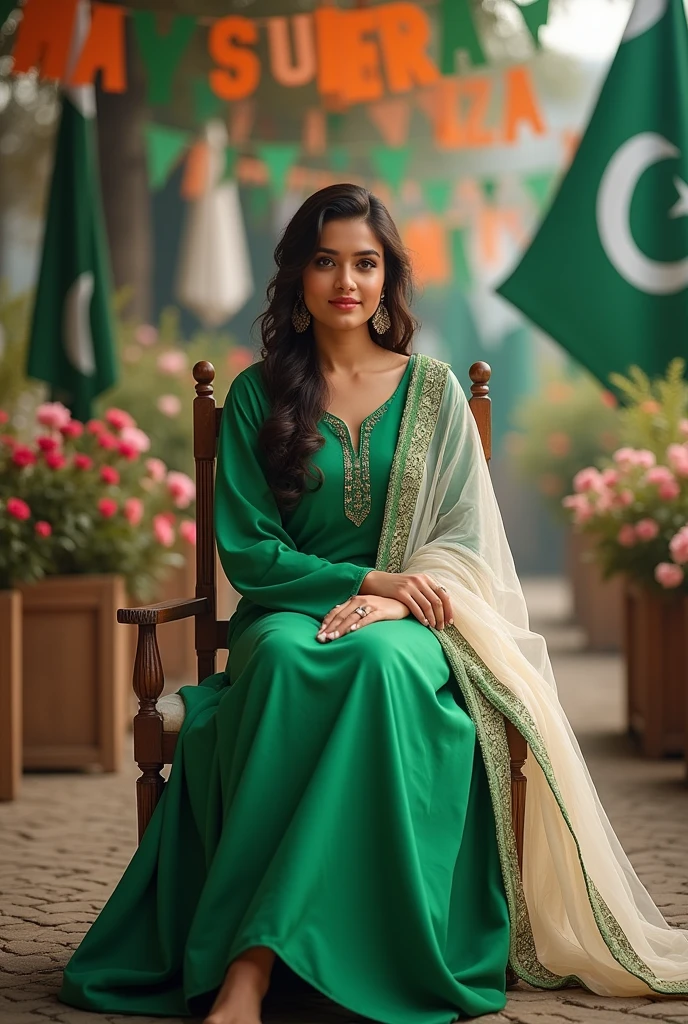 A girl around 24 year old sitting on a chair wearing green dress with white dupatta. Name "Bushra " should be written anywhere in the picture. And background should represent 14 august independence day