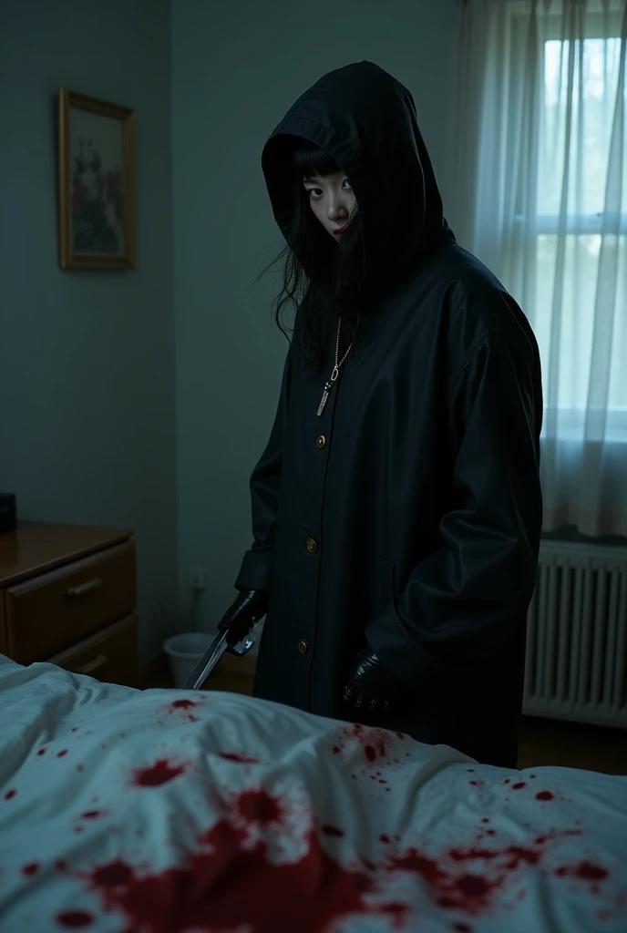korean girl, (behind corpse, balaclava girl), holding knife, stabbing, black gloves, room full of blood, black raincoat, plump girl, hood up, holding knife, black gloves, behind corpse, looking at viewer, blood splatter, 20 years old, bed room, black wet suit, night, mass murderer, killer, robbery, dark atmosphere, cinematic lighting, atmospheric realistic, light from the window close-up,