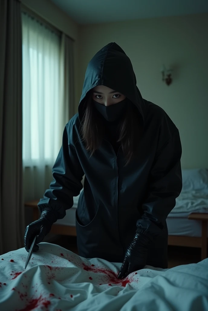 korean girl, (behind corpse, balaclava girl), holding knife, stabbing, black gloves, room full of blood, black raincoat, plump girl, hood up, holding knife, black gloves, behind corpse, looking at viewer, blood splatter, 20 years old, bed room, black wet suit, night, mass murderer, killer, robbery, dark atmosphere, cinematic lighting, atmospheric realistic, light from the window close-up,