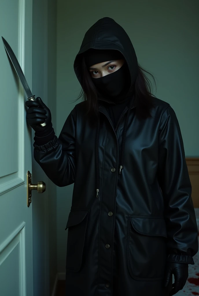 korean girl, (behind corpse, balaclava girl), holding knife, stabbing, black gloves, room full of blood, black raincoat, plump girl, hood up, holding knife, black gloves, behind corpse, looking at viewer, blood splatter, 20 years old, bed room, black wet suit, night, mass murderer, killer, robbery, dark atmosphere, cinematic lighting, atmospheric realistic, light from the window close-up,