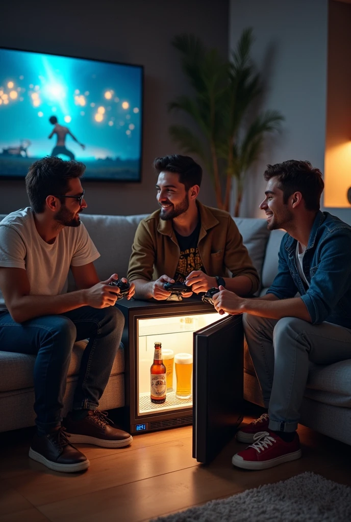 Make a sofa with a small refrigerator to store beers while we play video games, We are three guys while drinking beer