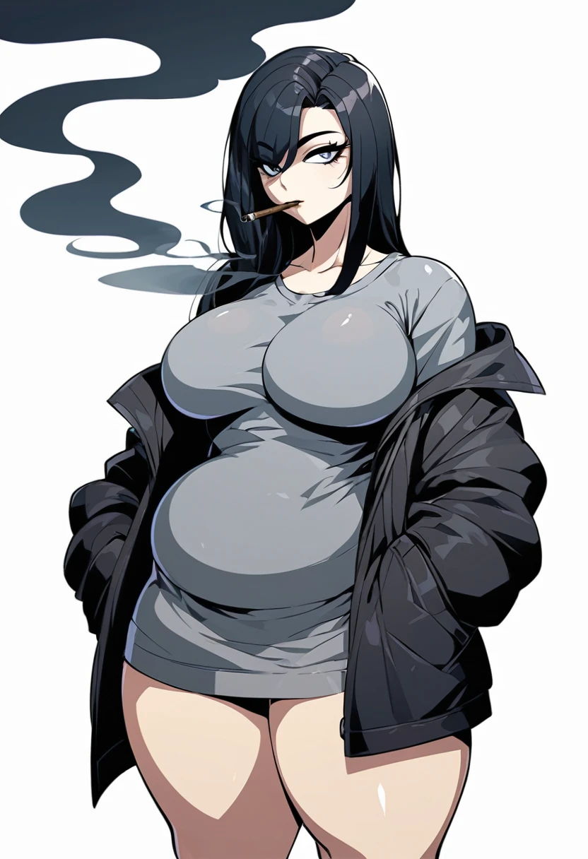 Sans_human version,black hair,curvy body, medium breast,big thighs,wears oversized black jacket,grey shirt,no pants,arms in pocket,smoking cigars,midnight setting,sans art style, nsfw.