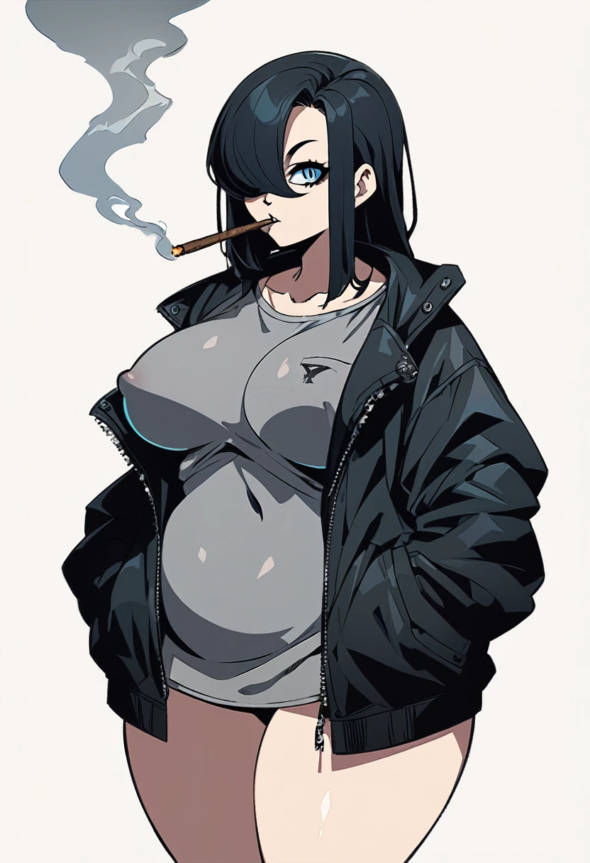 Sans_human version,black hair,curvy body, medium breast,big thighs,wears oversized black jacket,grey shirt,no pants,arms in pocket,smoking cigars,midnight setting,sans art style, nsfw.