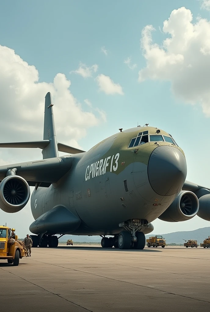 Generate a big military transport aircraft with logo PNGRAF 13