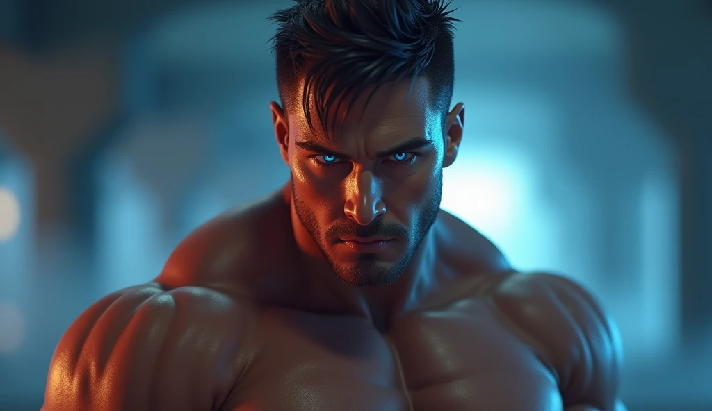 A beautiful muscler man ,bleu eyes,3d animation ,inspired,8k