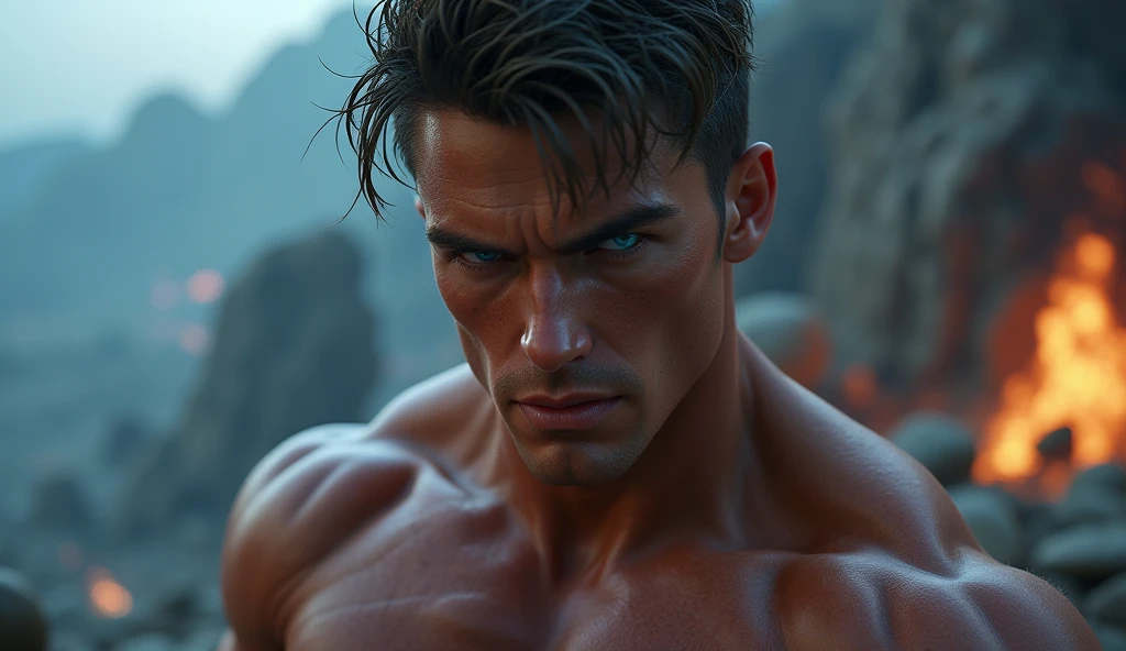 A beautiful muscler man ,bleu eyes,3d animation ,inspired,8k