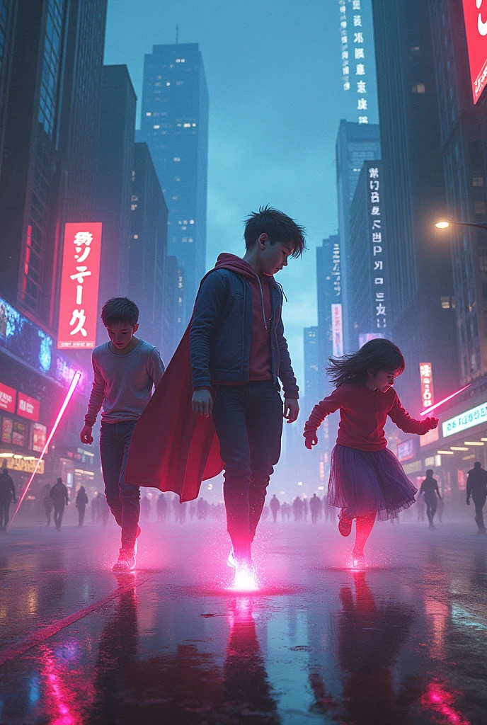 An intense battle scene on the neon-lit streets of a futuristic city. Three teenagers are fighting against a group of dark, menacing figures. One boy runs at super speed, leaving a trail of light, while the girl turns invisible to strike from the shadows. The central boy fights with determination, their powers clashing with the enemy’s forces."