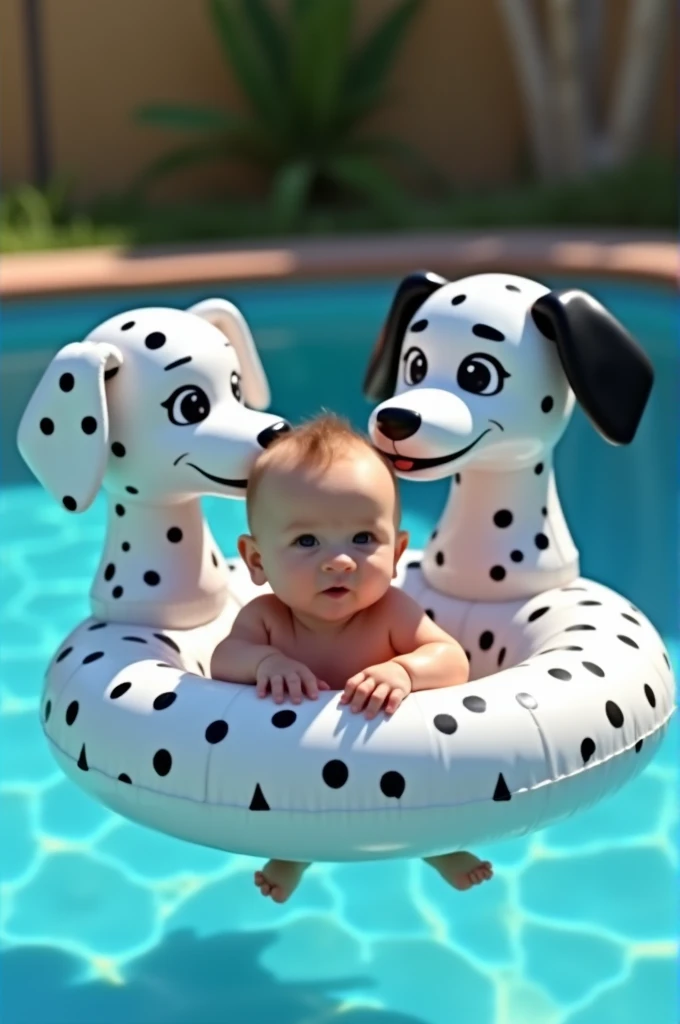 Pixar style image, An eight-month-old baby was found in a pool inside an inflatable Dalmatian puppy