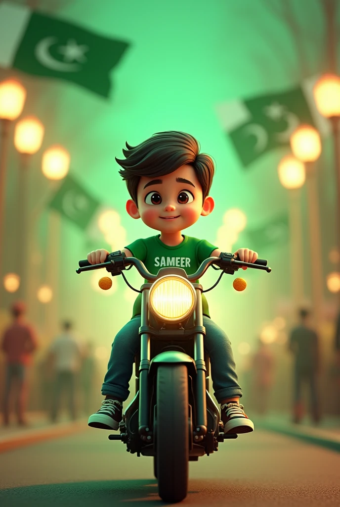 35mm film photography, Create a 3D illustration of an animated boy character sitting on a motorcycle matching the color and design of Pakistan Independence Day and wearing a green shirt with name SAMEER The character must wear casual modern clothing such as jeans and sneakers shoes. The background of the image is a independence day of Pakistan, high detail, Pakistan flags in background, gold glow bright green color palette, light green hour glow