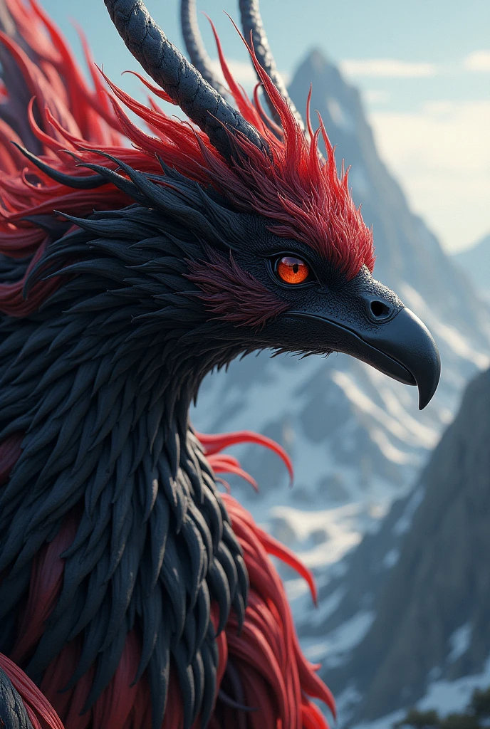 a black and red shadow phoenix flying over a mountain, beautiful detailed eyes, beautiful detailed lips, extremely detailed face, long eyelashes, dramatic lighting, vibrant colors, digital art, cinematic composition, epic fantasy, highly detailed, intricate details, masterpiece, (best quality, 8k, highres, masterpiece:1.2), (realistic, photorealistic:1.37)