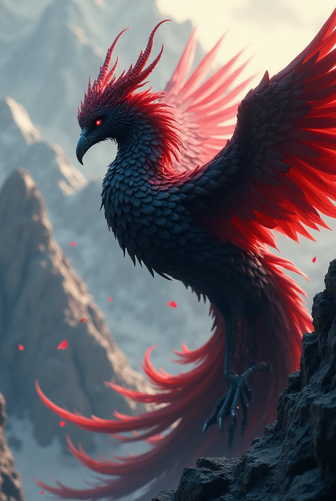 a black and red shadow phoenix flying over a mountain, beautiful detailed eyes, beautiful detailed lips, extremely detailed face, long eyelashes, dramatic lighting, vibrant colors, digital art, cinematic composition, epic fantasy, highly detailed, intricate details, masterpiece, (best quality, 8k, highres, masterpiece:1.2), (realistic, photorealistic:1.37)