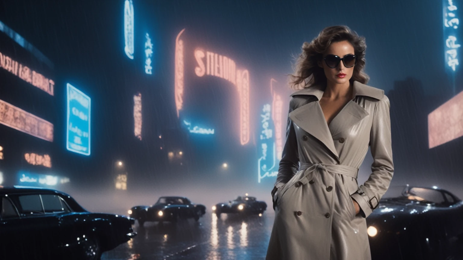 (Hyper-realistic photograph:1.4), Captivating scene under the rain at night on a rooftop, year 1937 cars on street, flying cars, a sexy slim woman, large breast cleavage, with short brown hair, three-quarters view, Black trench coat, (black sunglasses, holding a short gun), with a dark rainy city landscape in background, blue eyes, photography style, (half-body shot:1.3), (contemplative expression:1.2),(well-lit:1.2) Extremely Realistic, serendipity art, (sharp focus:1.3), intricate details, highly detailed, by God himself, original shot, masterpiece, detailed and intricate, Movie Still, guttojugg1